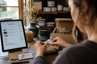 Hands of a small business owner packaging a product with a tablet nearby, sunlit workshop, natural and authentic atmosphere.