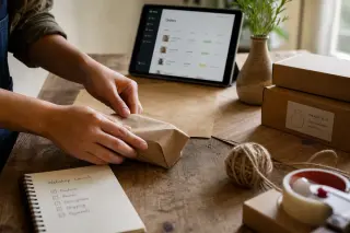Artisan hands wrapping a product on a wooden table, shipping materials and a digital tablet in the background, soft morning light highlighting a natural workspace.
