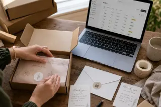 Artisan's hands packing a secure online order with laptop and lock symbol on branded envelope in natural, warm daylight.