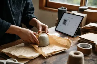 Artisan hands wrapping a handmade ceramic at a cluttered table near a tablet with an order, bathed in gentle natural light
