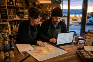 Two shopkeepers collaborate behind a wooden counter, brainstorming domain names with a map and laptop in a warm, authentic local store setting.