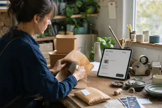 Artisan in a small workshop carefully wrapping a product, with a tablet open nearby, sunlight highlighting work materials and hands in a natural, focused moment