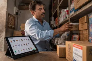 Shopkeeper organizing inventory in a small workshop, focused on labeling products with a digital tablet nearby and scattered boxes, natural soft lighting.