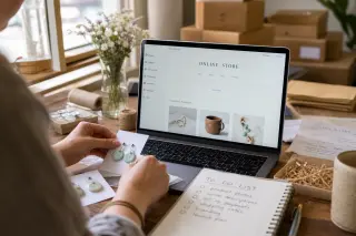 Artisan arranging products on a counter in a cozy workshop, checking a laptop with two open browser tabs, warm natural light highlighting the authentic, busy environment.