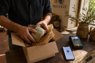 Hands of an artisan packing a box in a sunny workshop, with payment terminal and smartphone nearby, evoking secure and authentic activity